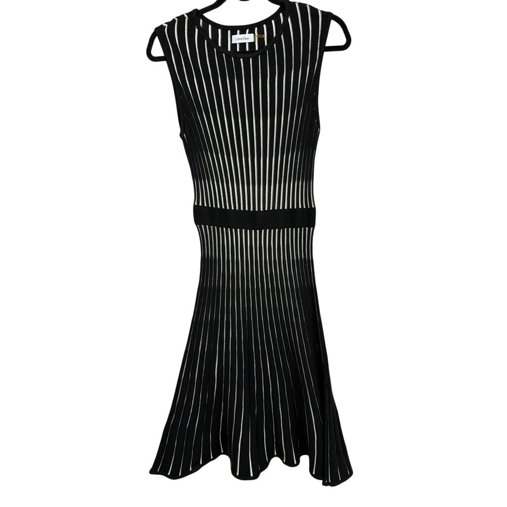 Calvin Klein Black and White Striped Ribbed Midi Dress Small